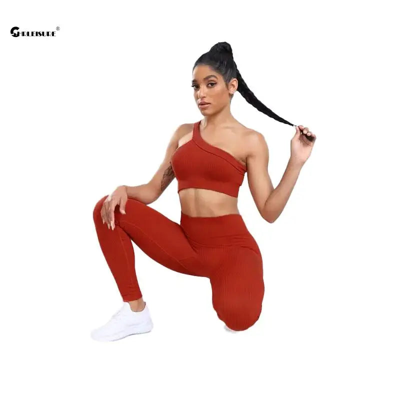 CHRLEISURE Seamless Sports Set Women Fitness Outfit Rib Yoga Suit with Workout Leggings Gym Sportswear