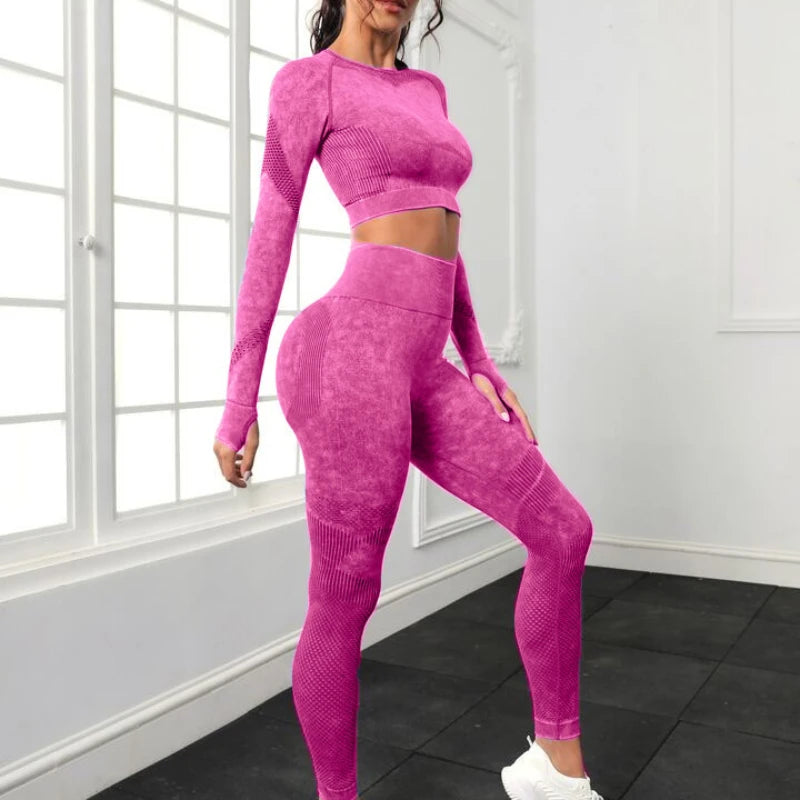 2 Piece Acid Wash Gym Set Women Seamless Long Sleeve Leggings Tracksuit Sports Fitness Suit