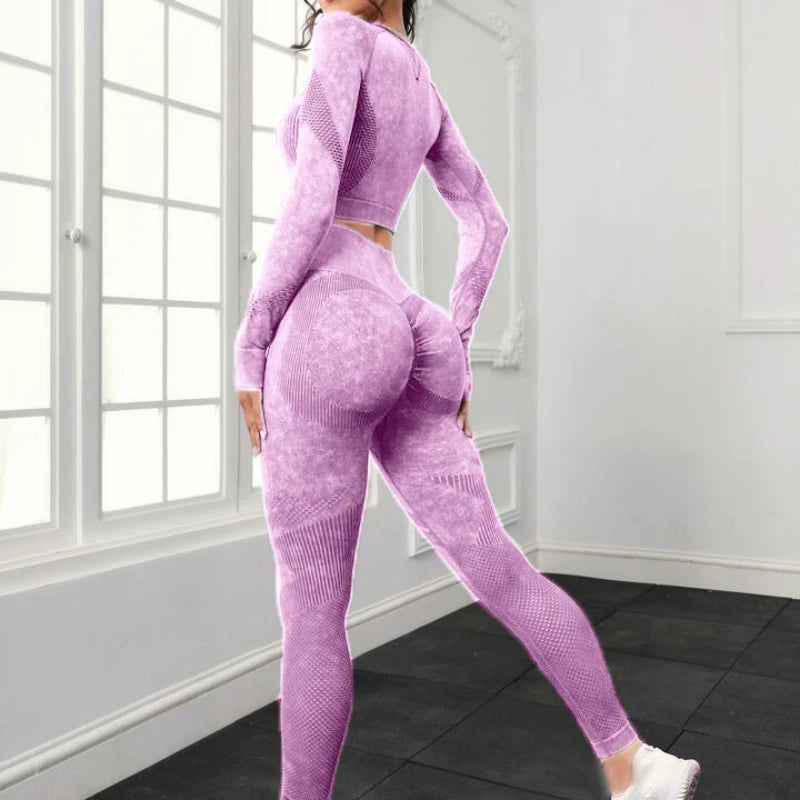 2 Piece Acid Wash Gym Set Women Seamless Long Sleeve Leggings Tracksuit Sports Fitness Suit