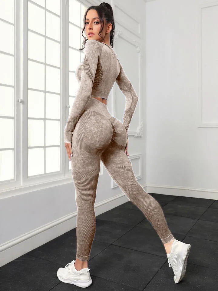 2 Piece Acid Wash Gym Set Women Seamless Long Sleeve Leggings Tracksuit Sports Fitness Suit