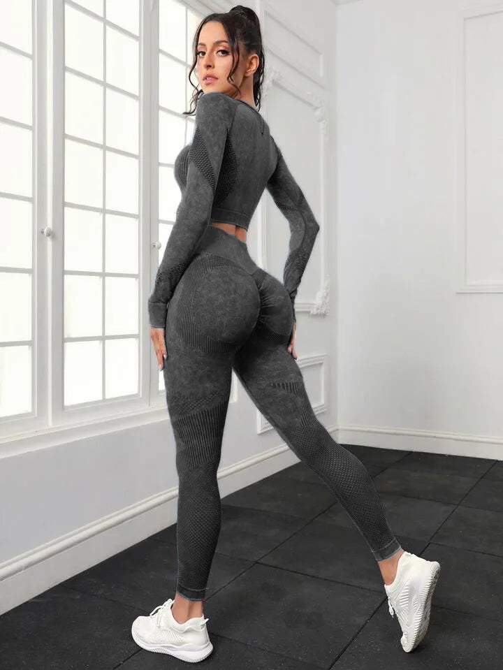 2 Piece Acid Wash Gym Set Women Seamless Long Sleeve Leggings Tracksuit Sports Fitness Suit