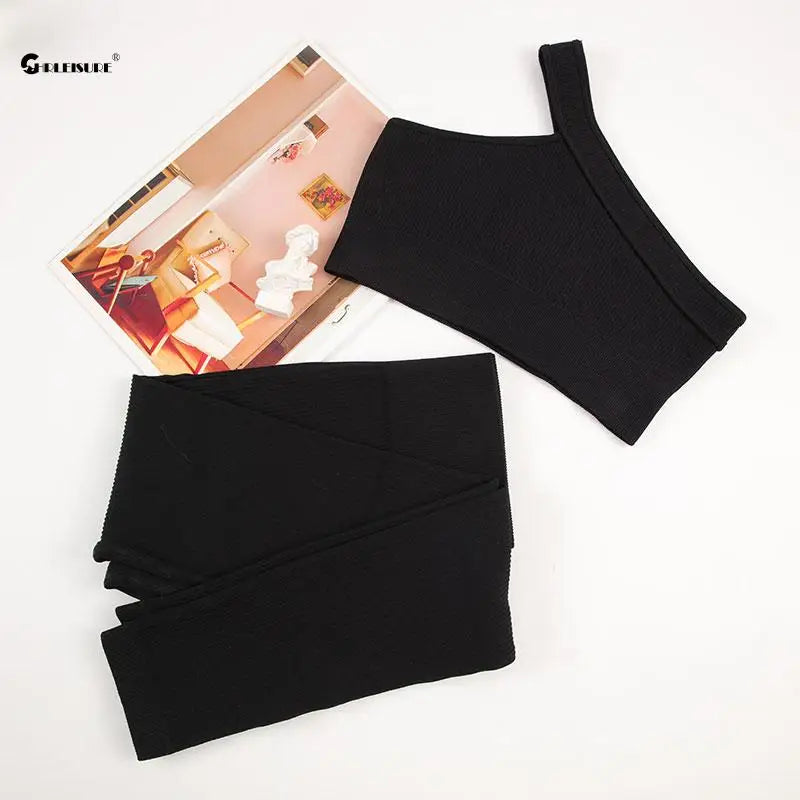 CHRLEISURE Seamless Sports Set Women Fitness Outfit Rib Yoga Suit with Workout Leggings Gym Sportswear