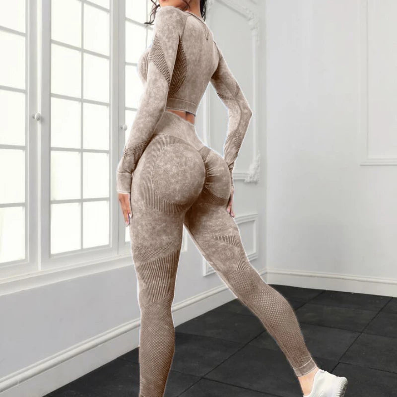 2 Piece Acid Wash Gym Set Women Seamless Long Sleeve Leggings Tracksuit Sports Fitness Suit