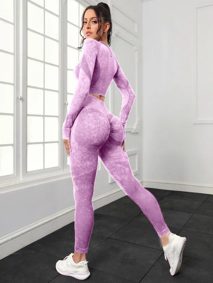 2 Piece Acid Wash Gym Set Women Seamless Long Sleeve Leggings Tracksuit Sports Fitness Suit