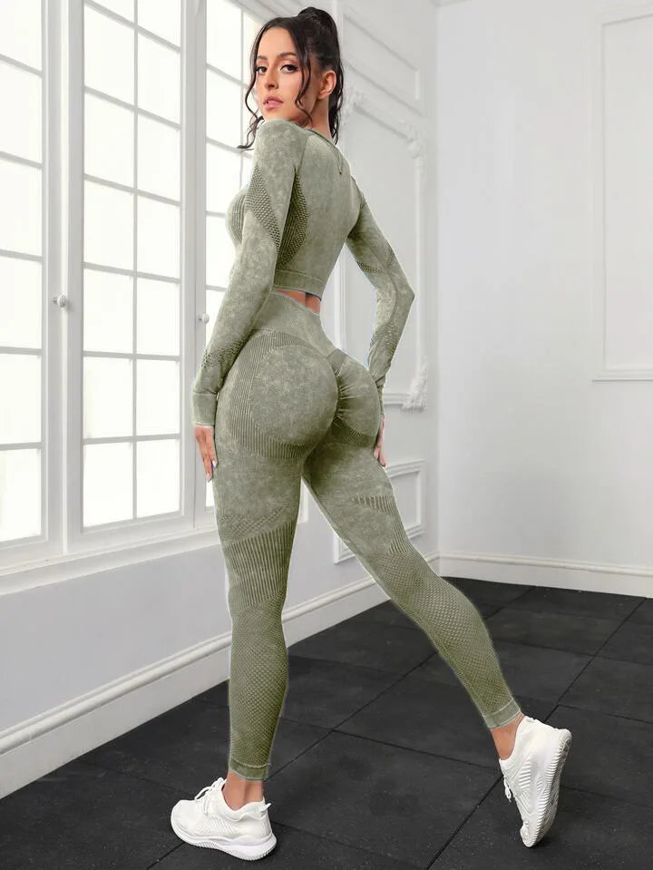 2 Piece Acid Wash Gym Set Women Seamless Long Sleeve Leggings Tracksuit Sports Fitness Suit