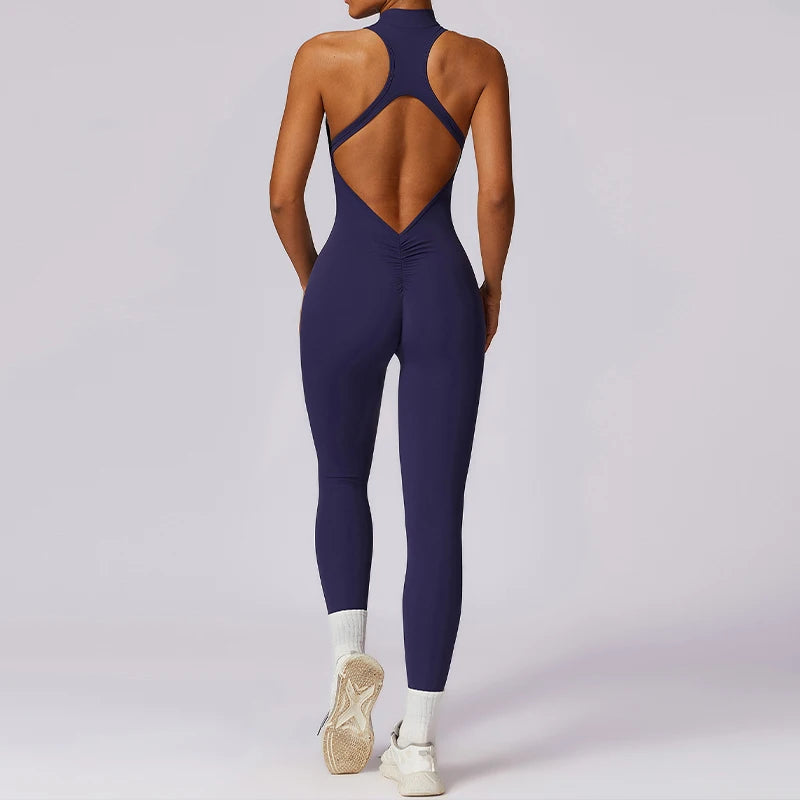 V Back One-piece Suit Women Sports Jumpsuit  Zippers Yoga Rompers Backless Bodysuits