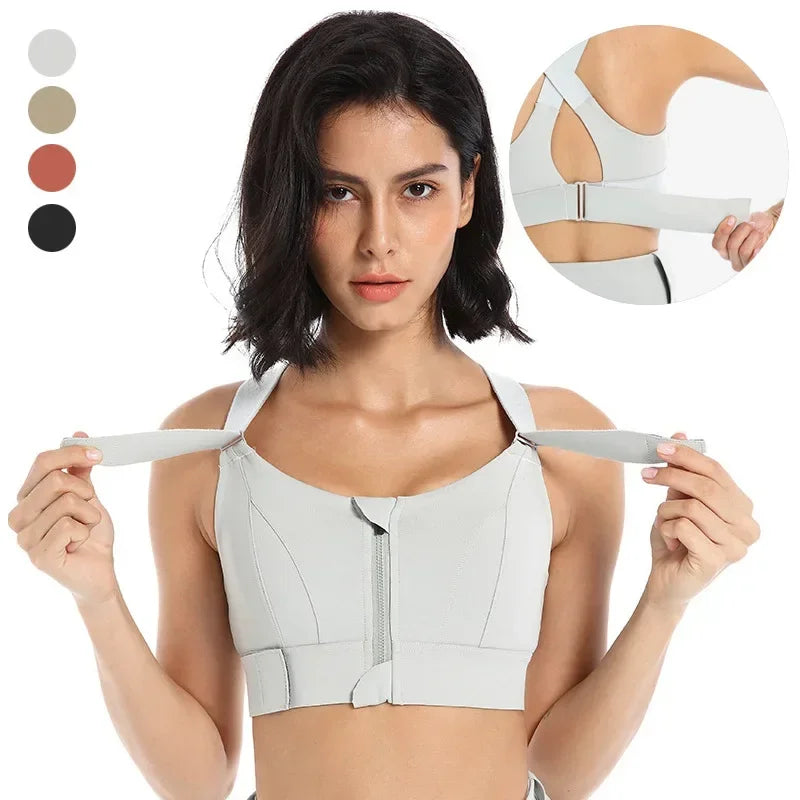 Women Sports Bras Tights Crop Top Yoga Vest Front Zipper Plus Size Adjustable Strap Shockproof Gym Fitness Athletic Brassiere