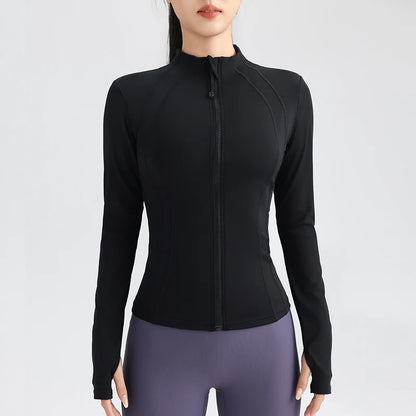 Gym Women's Full Zip Yoga Top With Thumbholes Fitness Running Jacket Stretch Fit Long Sleeve Round Neck