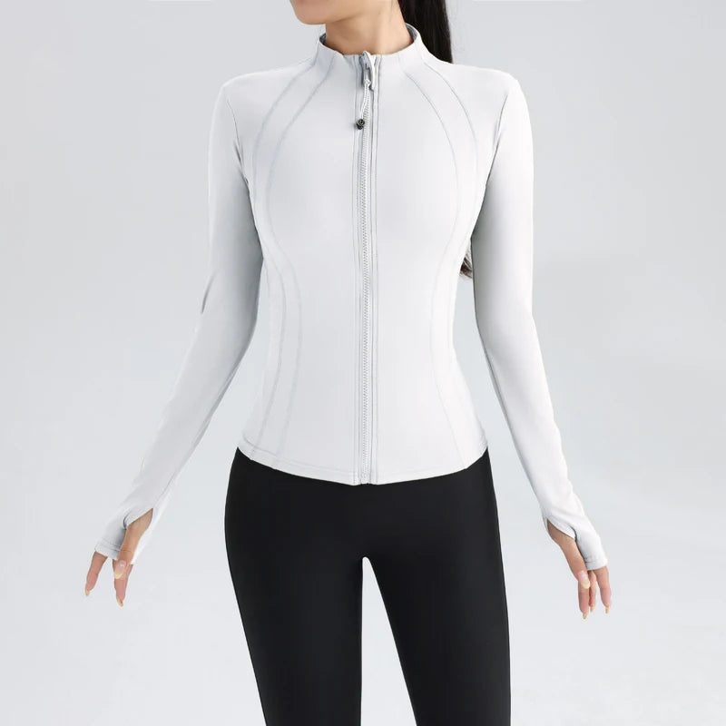 Gym Women's Full Zip Yoga Top With Thumbholes Fitness Running Jacket Stretch Fit Long Sleeve Round Neck