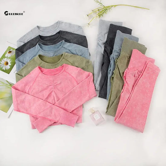 CHRLEISURE 2PCS Seamless Yoga Suits Women Sports Set  Long Sleeve Fitness Top with Butt Lift Scrunch Workout Leggings