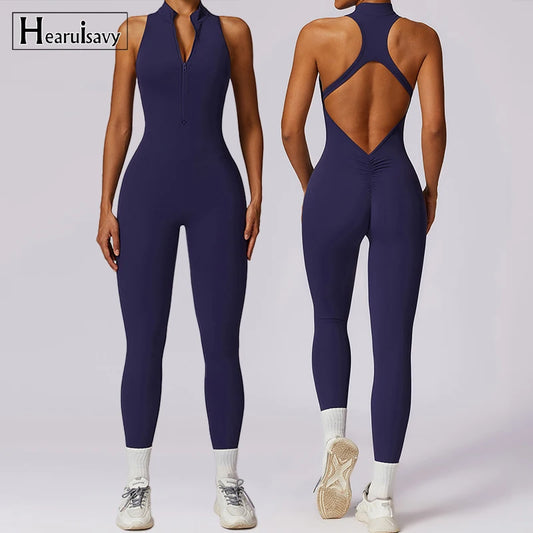 V Back One-piece Suit Women Sports Jumpsuit  Zippers Yoga Rompers Backless Bodysuits