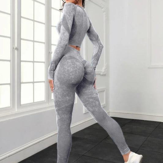 2 Piece Acid Wash Gym Set Women Seamless Long Sleeve Leggings Tracksuit Sports Fitness Suit