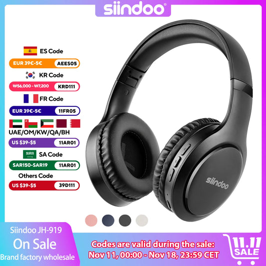 Siindoo JH-919 Wireless Bluetooth Headphones Foldable Stereo Earphones Super Bass Noise Reduction Mic For Iphone Laptop PC TV