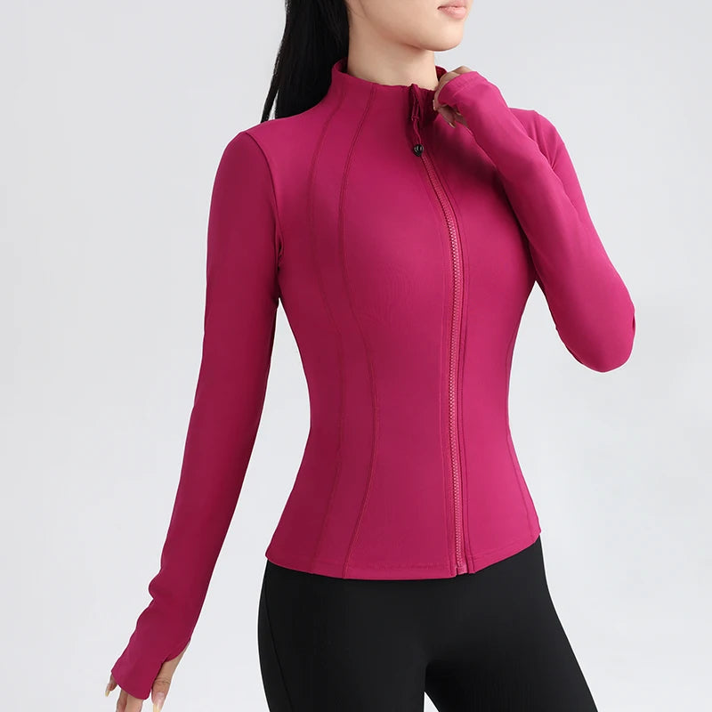 Gym Women's Full Zip Yoga Top With Thumbholes Fitness Running Jacket Stretch Fit Long Sleeve Round Neck